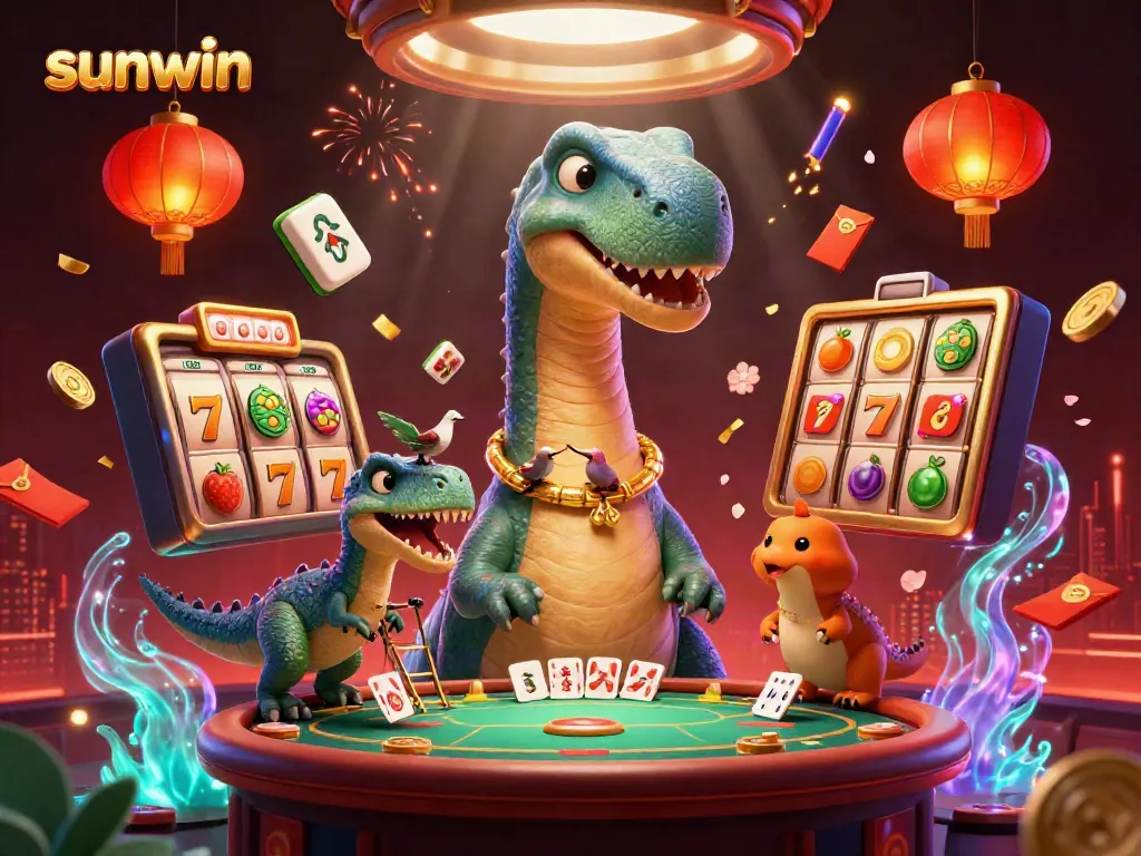Experience an engaging casino scene with sunwin featuring a towering brontosaurus and raptor dealer.