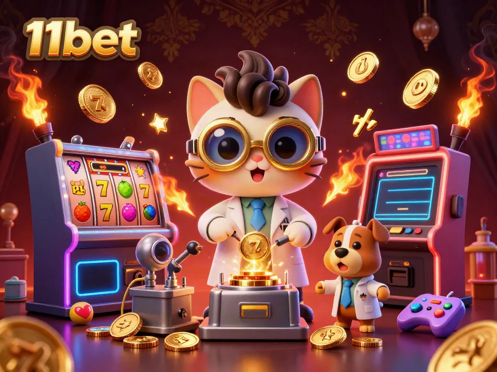 Engage with 11bet's online casino scene featuring vibrant slot machines and lively characters.
