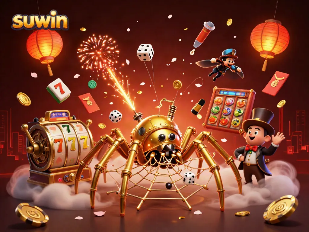Experience thrilling suwin slots with golden rewards from a steampunk spider's web.