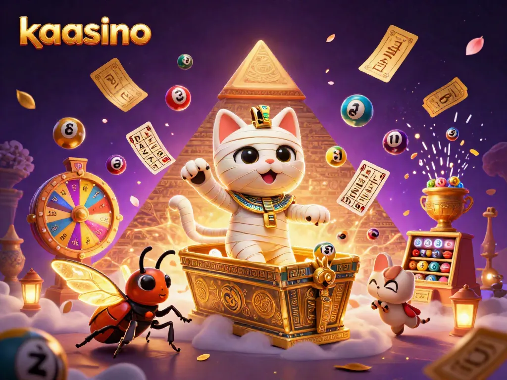 Kaasino showcases an Egyptian mummy cat bursting out of a golden sarcophagus, surrounded by vibrant casino elements.