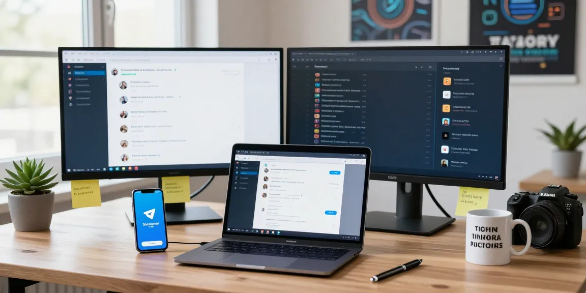 Using the Telegram Web Version in a modern tech workspace with dual monitors, laptop, and productivity tools.