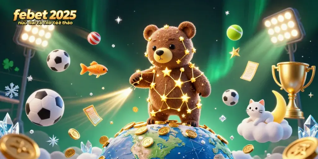 Experience the excitement of febet 2025 nhà cái cá cược thể thao with a cosmic twist, featuring a stellar bear and dynamic sports elements.