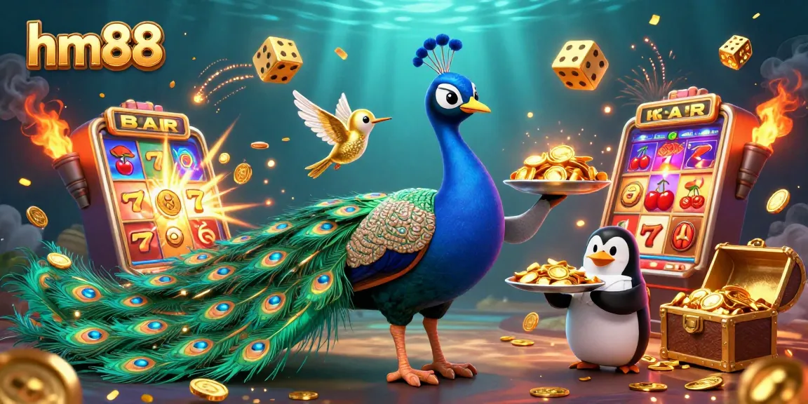Experience the vibrant casino world of hm88 with a peacock, penguin, and hummingbird amidst dynamic gaming elements.