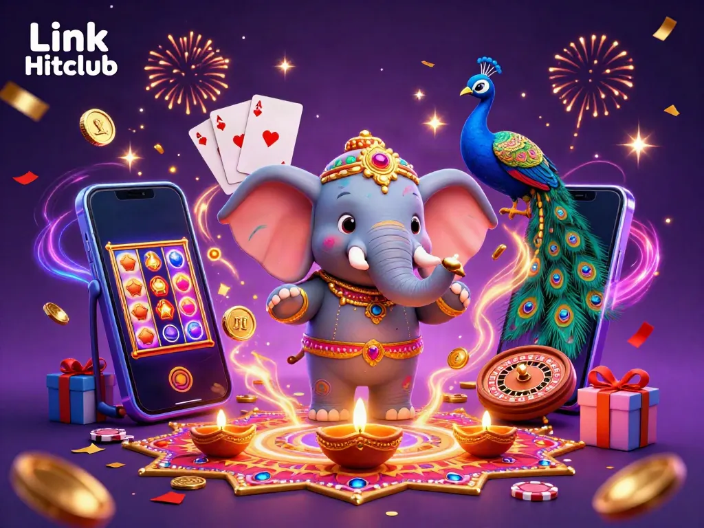 Engage with Link Hitclub through a vibrant, festive 3D casino illustration showcasing gambling elements and rich cultural characters.