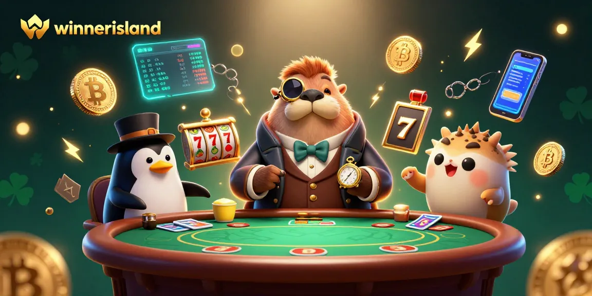 Experience thrilling action at Winnerisland Casino with card games, glowing crypto elements, and an engaging backdrop.
