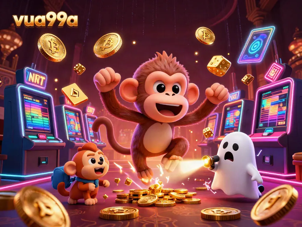 Engaging scene of vua99a's animated casino featuring a mischievous monkey and a curious ghost-hunter puppy amid vibrant gaming elements.