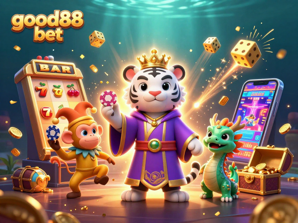 Win big at good88 bet with a vibrant illustration featuring a white tiger, monkey, and jackpot slot elements.