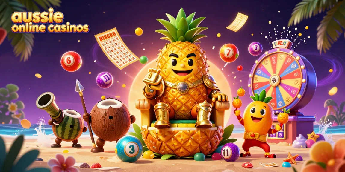 A vibrant beach casino scene featuring the king of aussie online casinos with golden lottery balls and spinning prize wheels.