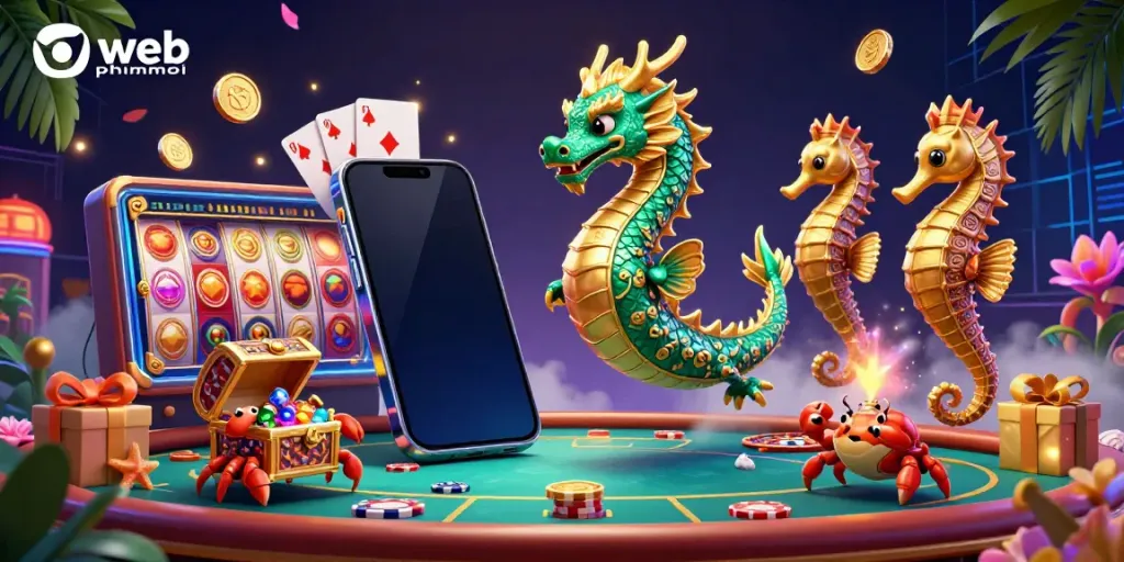 Experience web phimmoi's thrilling casino scene featuring colorful slots, a sea dragon, and royal guard elements.