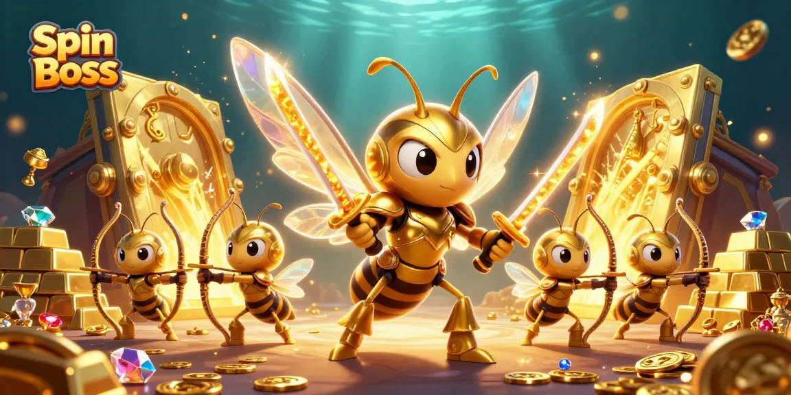Spin Boss showcases a vibrant scene with golden hornet samurai amid a jackpot treasure vault