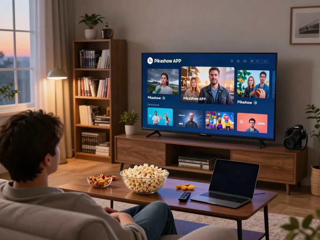 Person enjoying movies with Pikashow APK on a cozy couch, snacks around.