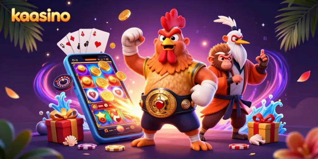 Kaasino showcases an exciting 3D illustration with a Muay Thai rooster, martial artists, and a slot game experience.
