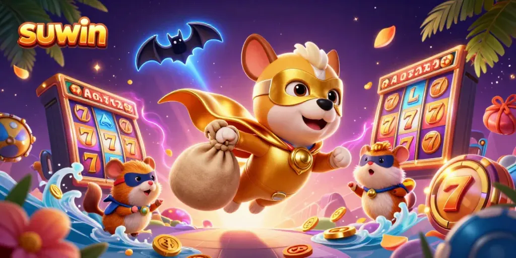 Suwin online casino promotional art featuring a superhero dog and hamster amidst dynamic gambling elements.