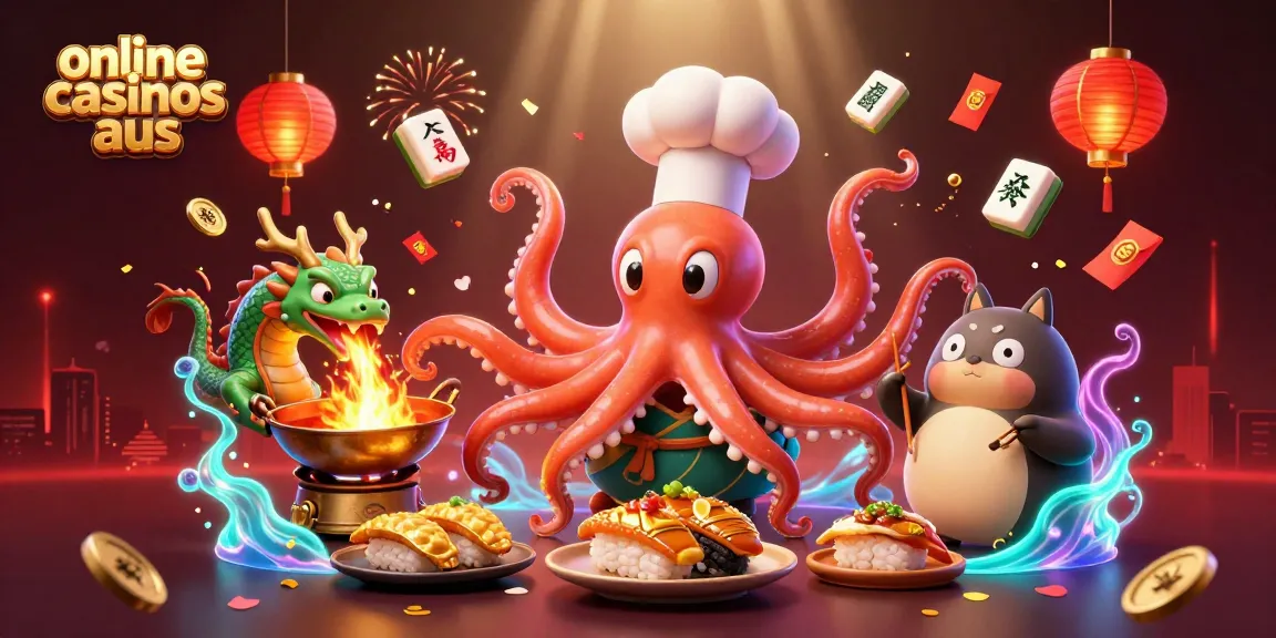 Explore the vibrant world of online casinos aus with unique characters serving golden dishes.